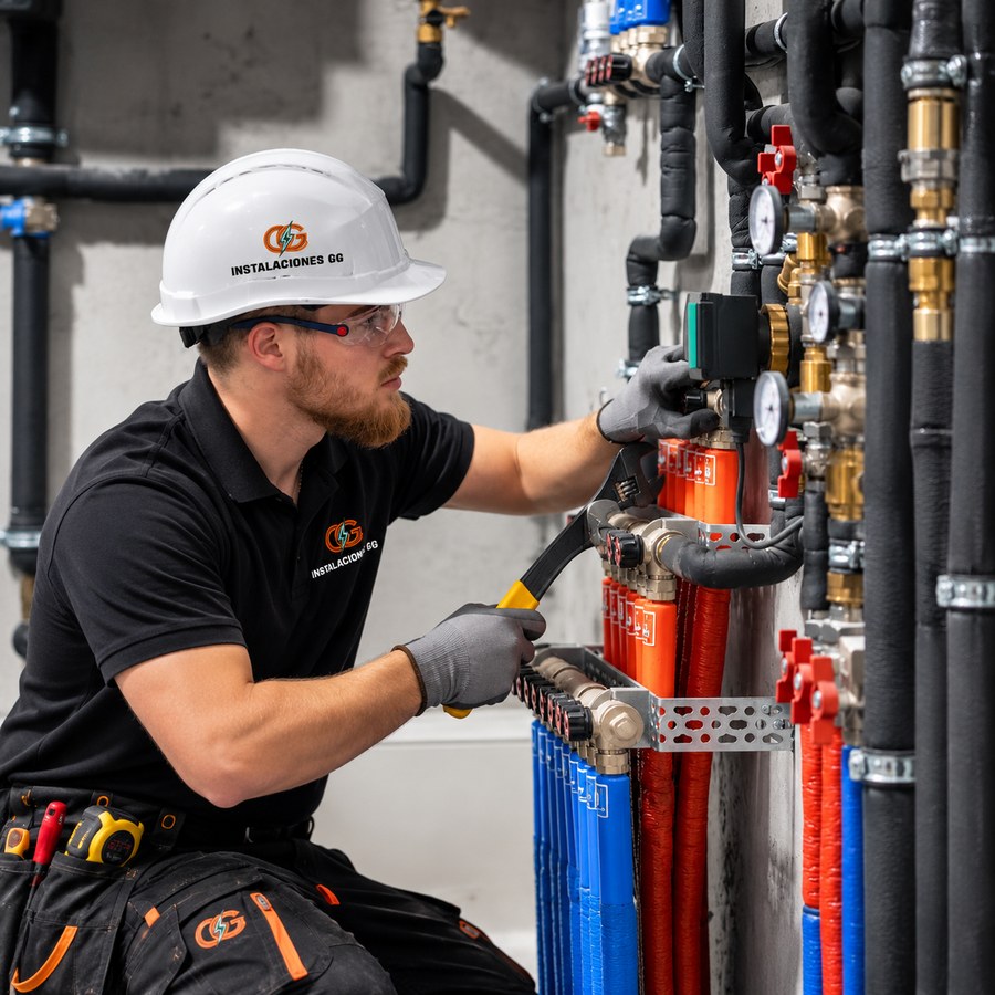 Técnico revisando un sistema de calefacción y fontanería